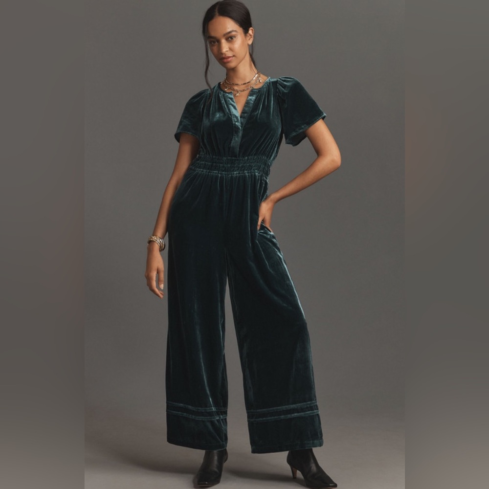Anthropologie Velvet Jumpsuit in Rich Teal